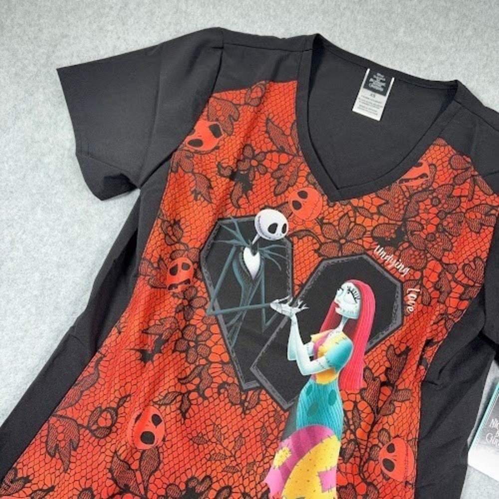 Nightmare before Christmas Scrub Top XS Cherokee Tooniforms Jack‎ Sally NWT